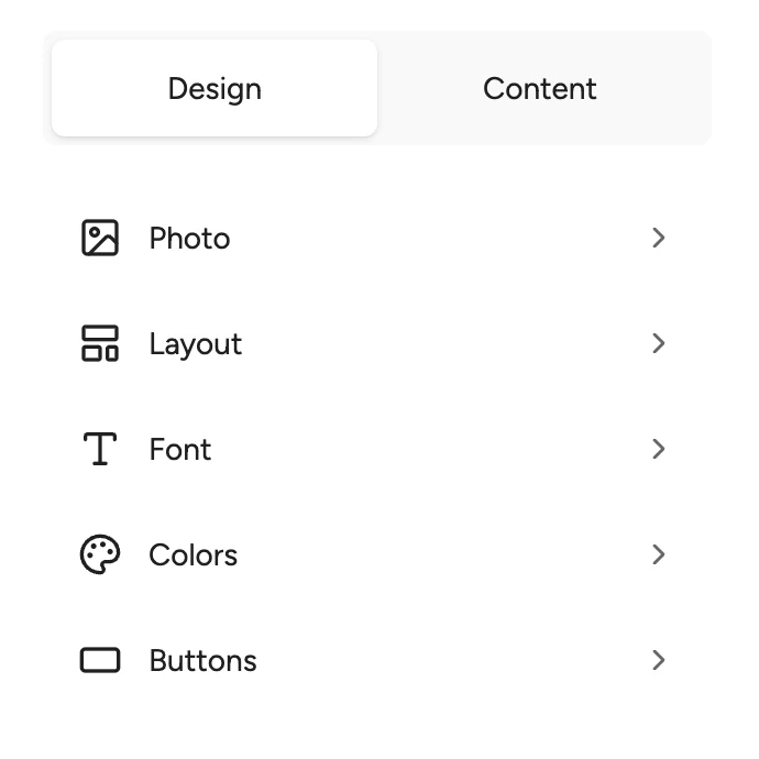 Controlli di personalizzazione dell'album per foto, layout, font, colori e pulsanti