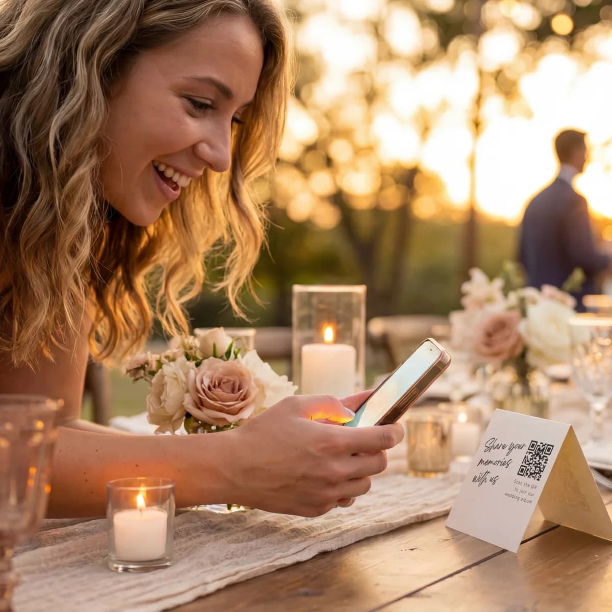 Wedding guest leaning over table scanning QR code to share photos
