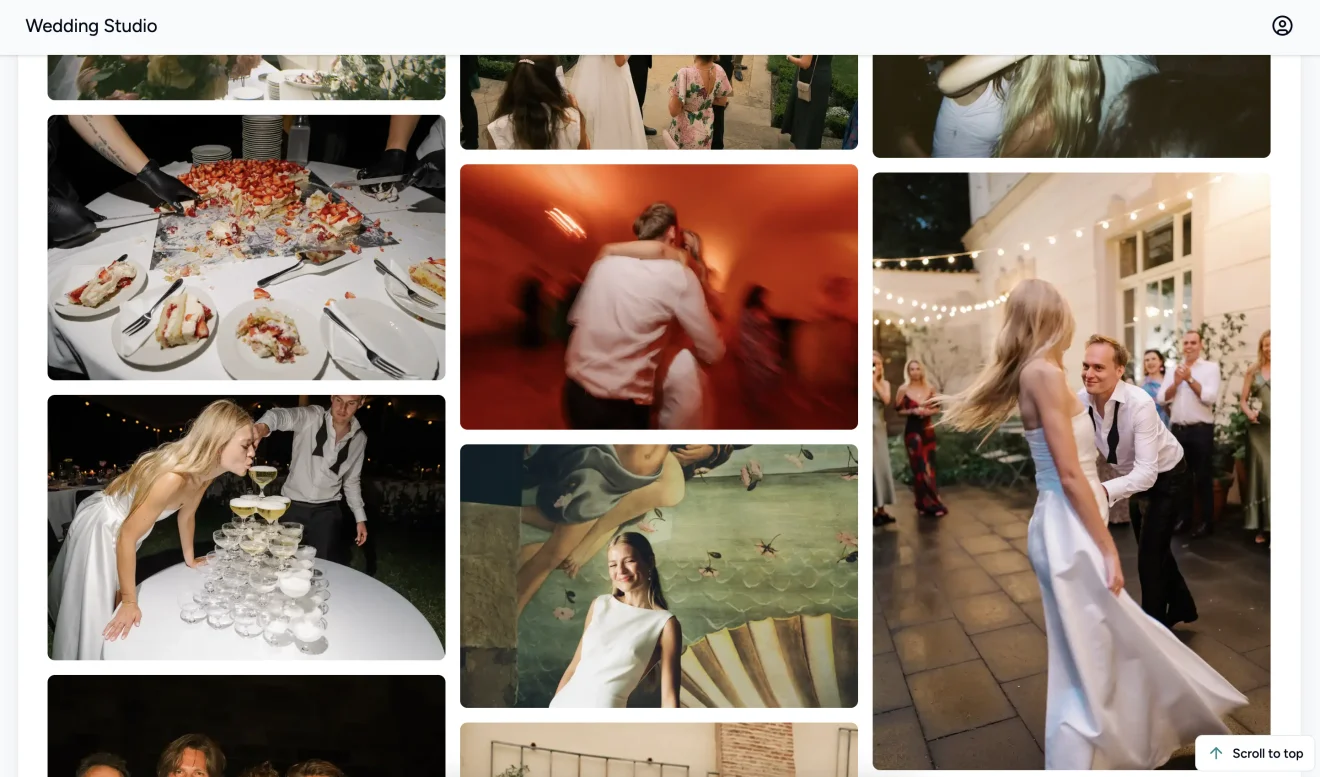 Guest album grid on a phone, filling with candid reception photos taken by different guests