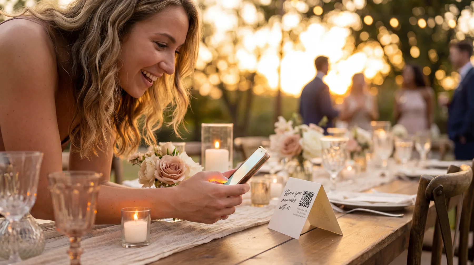 Wedding guest using her phone beside a Wedding Studio QR table card