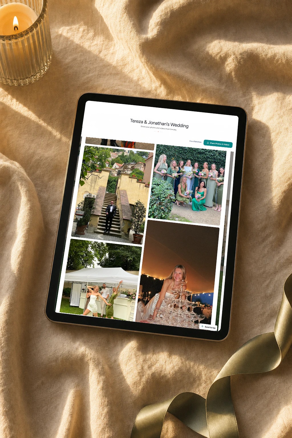 Tablet showing a shared wedding album full of guest-uploaded photos