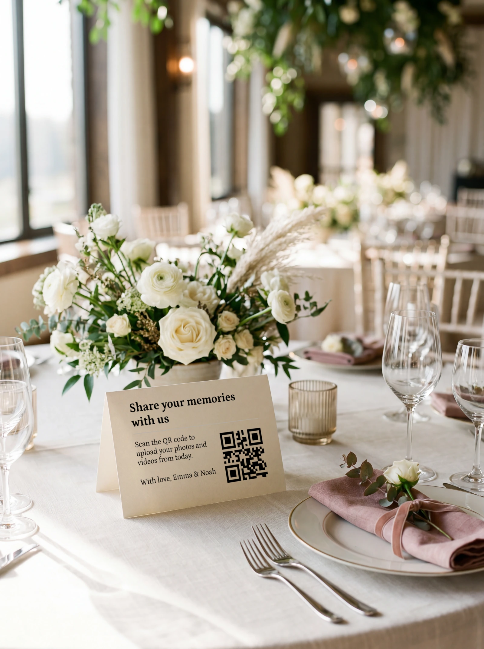 Premium printed wedding QR table card with fancy border on a reception table