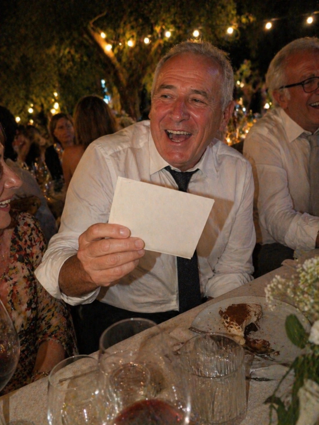 Older wedding guest laughing at the table with a card