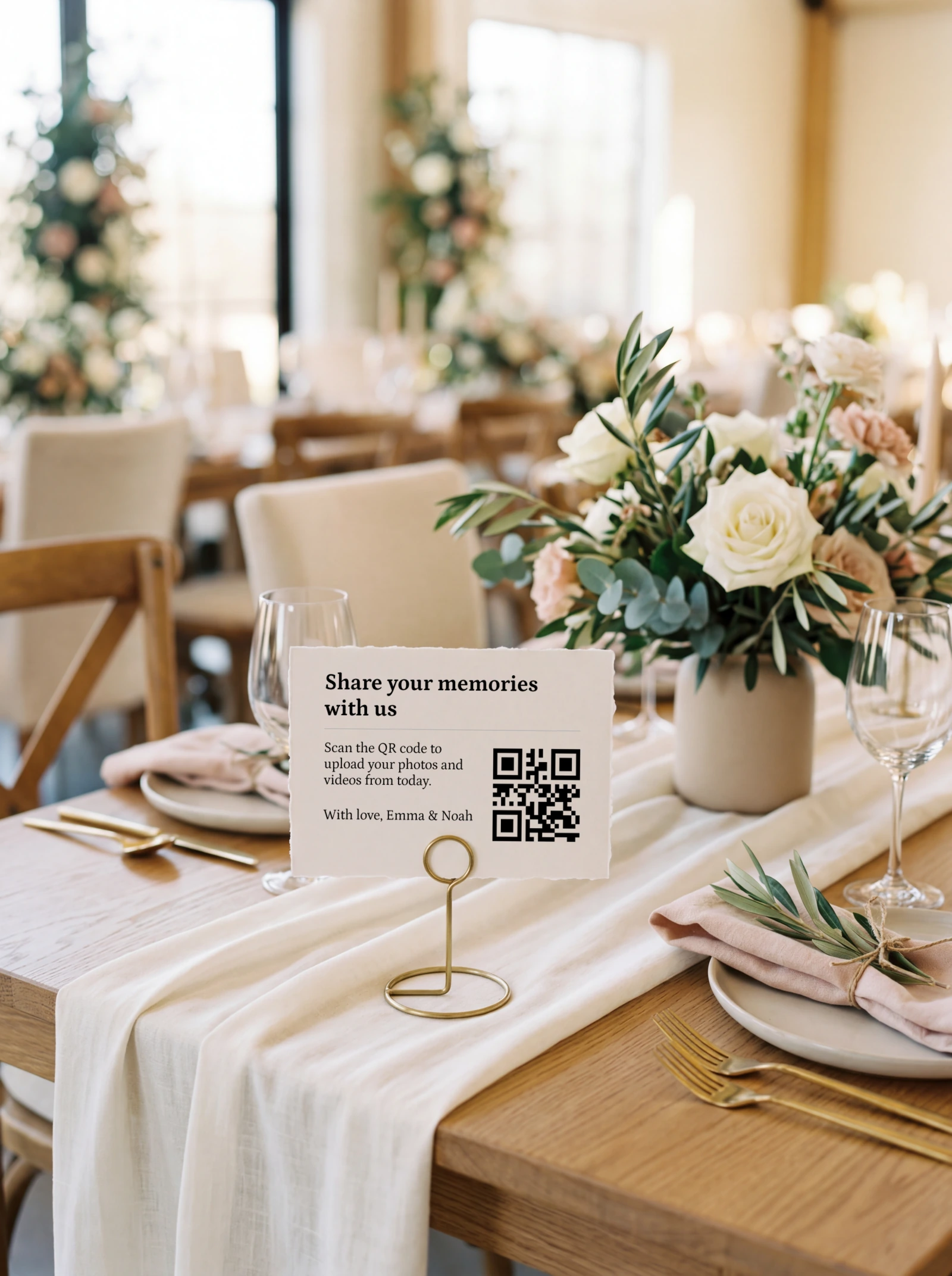 Deckled-edge QR card in a gold stand beside roses on a laid reception table