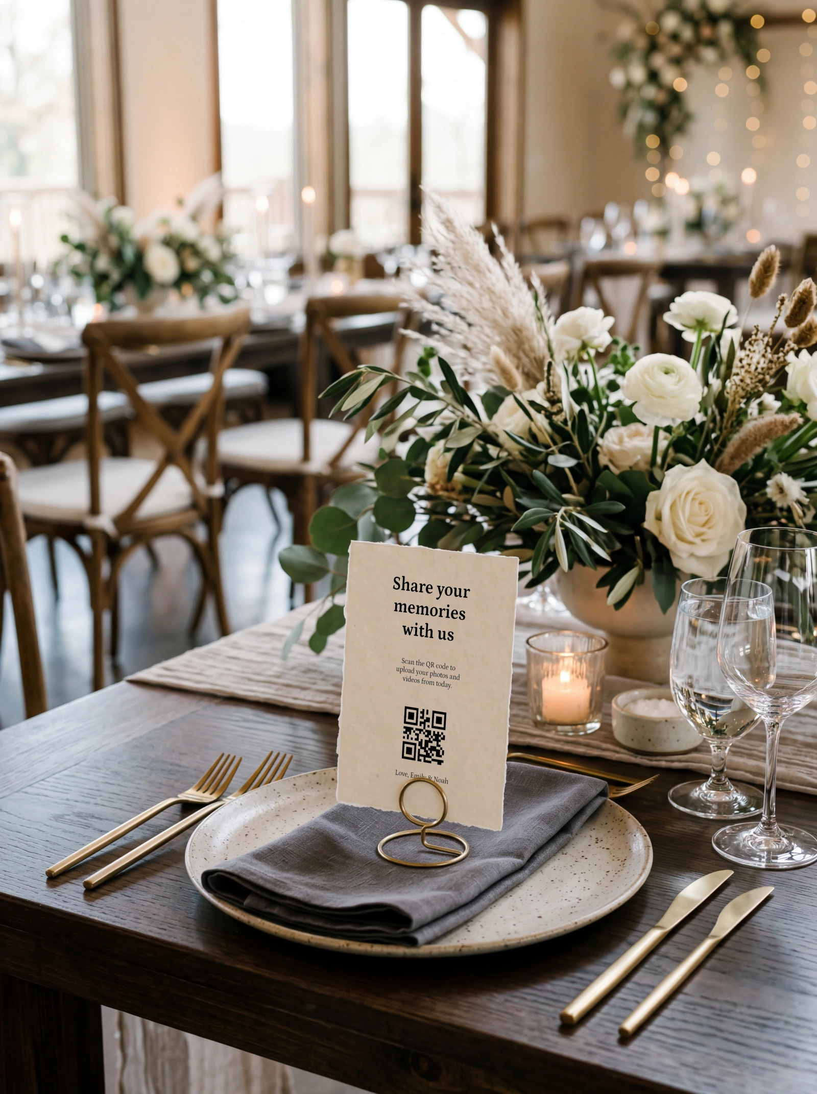 Tall printed QR card standing upright on a decorated reception table