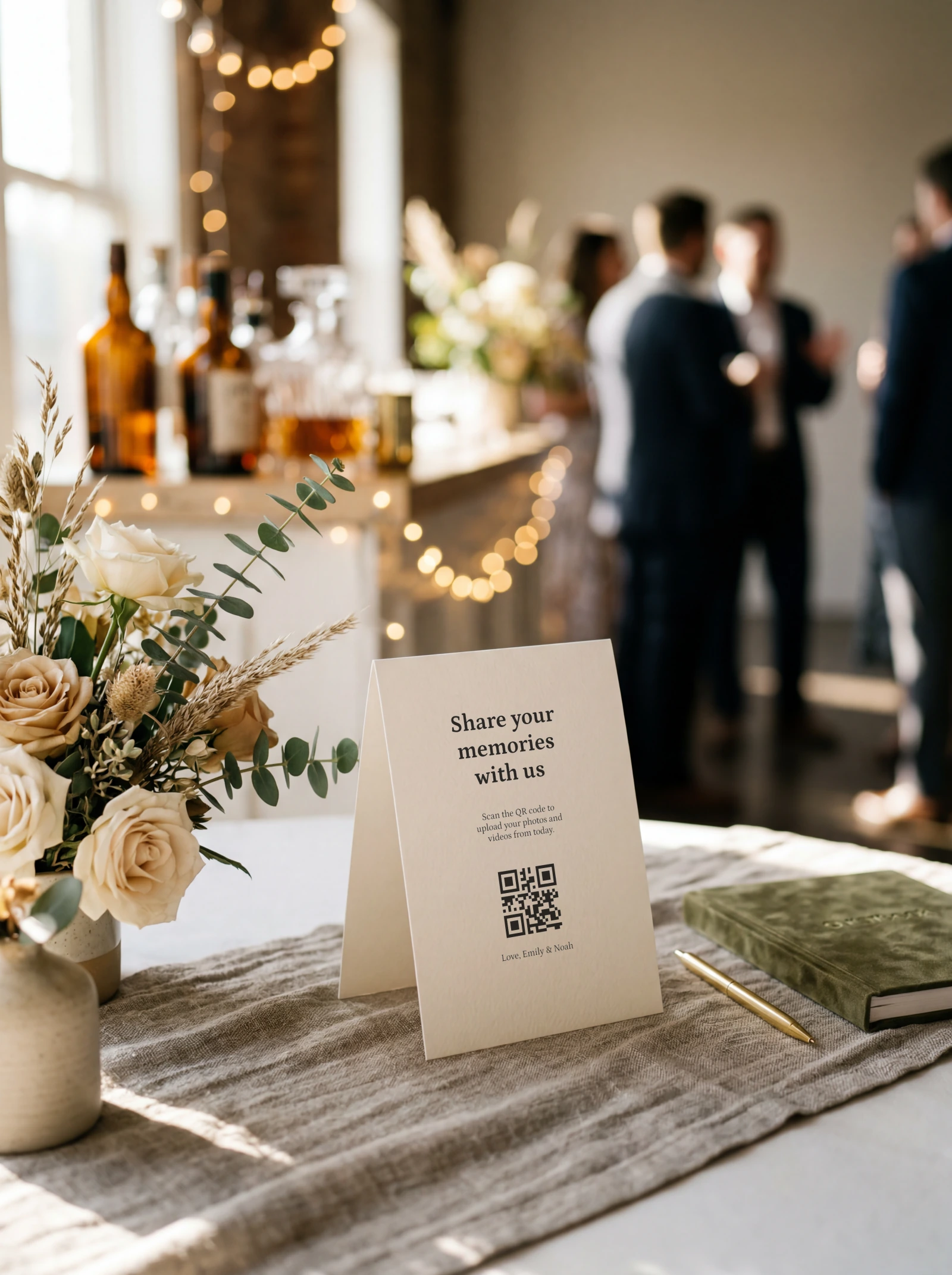 Beautifully styled wedding reception with printed QR card on the table