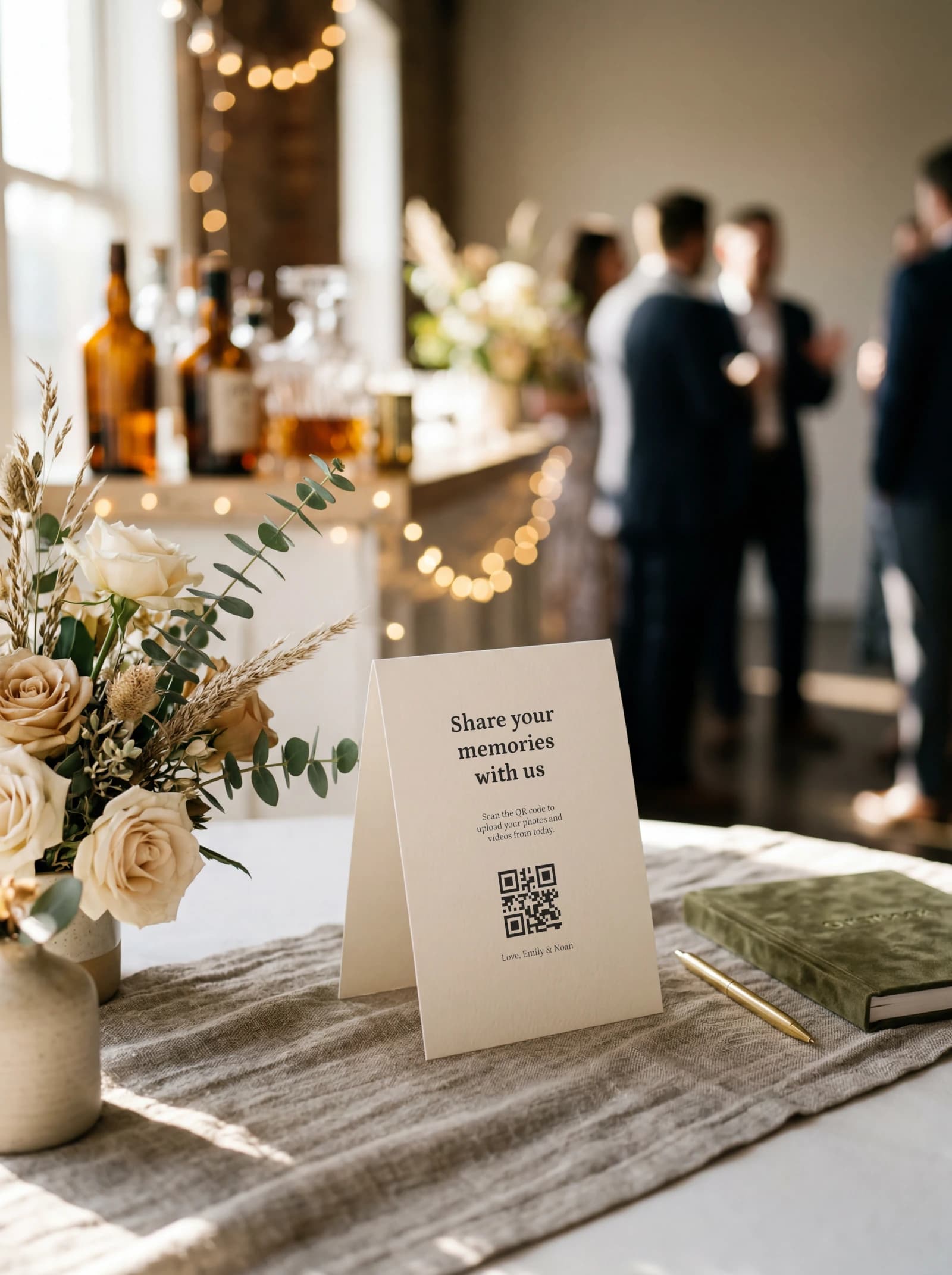 Beautifully styled wedding reception with printed QR card on the table