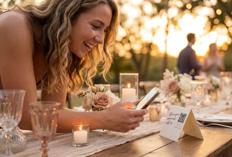 Black and white wedding photo — guest sharing memories via QR code