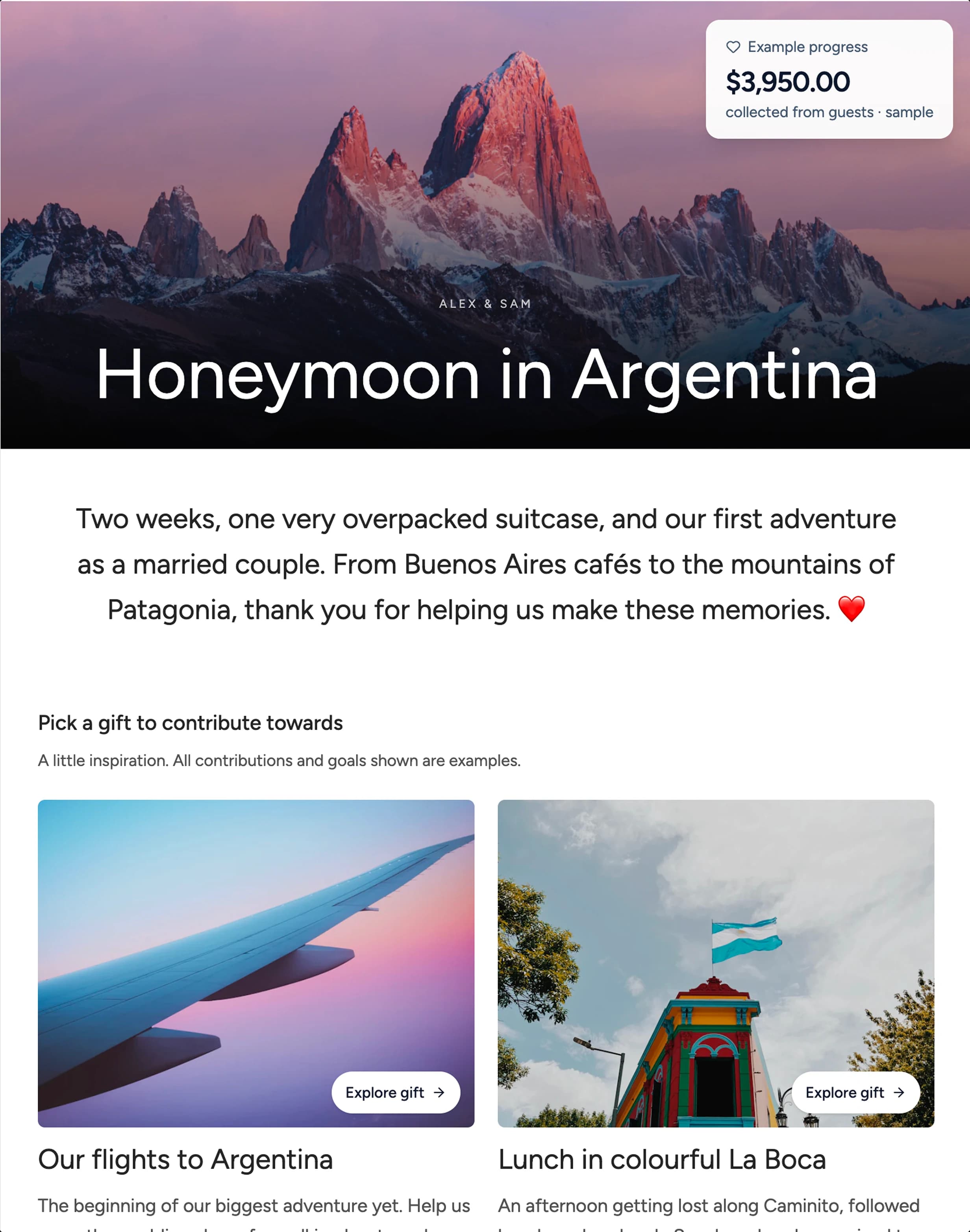 Alex and Sam's example honeymoon registry, featuring a trip to Argentina and sample contribution progress